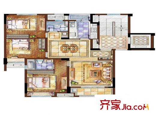 西溪華府戶型圖115方中間套 3室2廳2衛(wèi)1廚