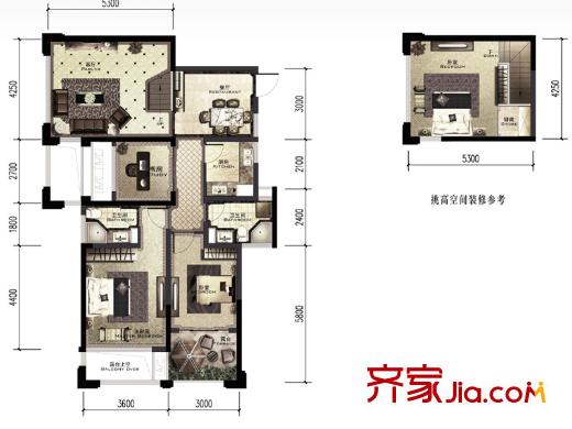 積家戶型圖B2戶型奇數(shù)層 4室2廳2衛(wèi)1廚