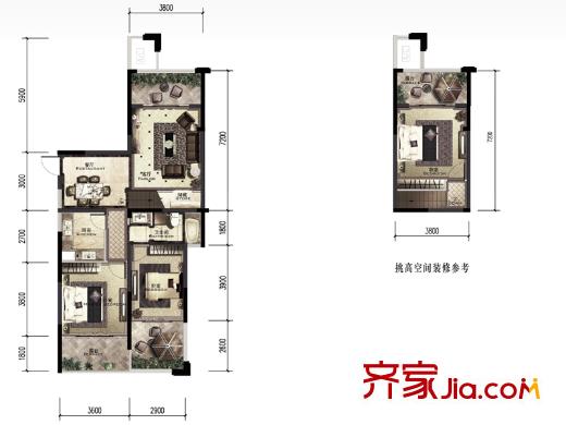 積家戶型圖A3戶型奇數(shù)層 3室2廳1衛(wèi)1廚