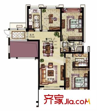 名城公館戶型圖3C戶型 3室2廳2衛(wèi)1廚