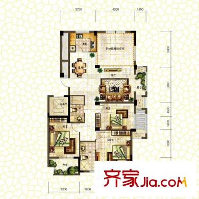 蒙卡岸戶型圖一期3號(hào)樓西邊套、4號(hào)樓東邊套L3戶型 3室2廳1衛(wèi)1廚
