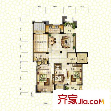 蒙卡岸戶型圖一期2-4號(hào)樓中間套標(biāo)準(zhǔn)層M1戶型 3室2廳1衛(wèi)1廚