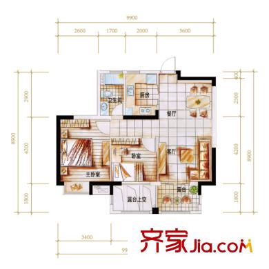 新西湖小鎮(zhèn)戶型圖C1戶型 2室2廳1衛(wèi)1廚