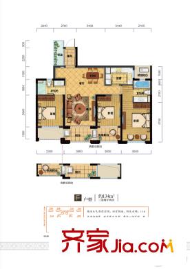 宋都晨光國際134方三室兩廳兩衛(wèi)戶型 3室2廳2衛(wèi)1廚