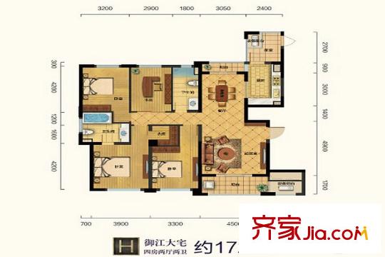 宋都晨光國際H戶型4房2廳2衛(wèi)172方 4室2廳2衛(wèi)1廚