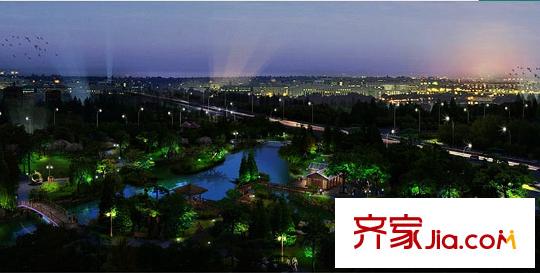 曙光之城配套圖北側(cè)的草莊公園夜景鳥瞰圖