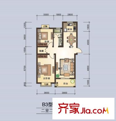 集美岸上藍(lán)山B3戶型圖 2室2廳1衛(wèi)1廚