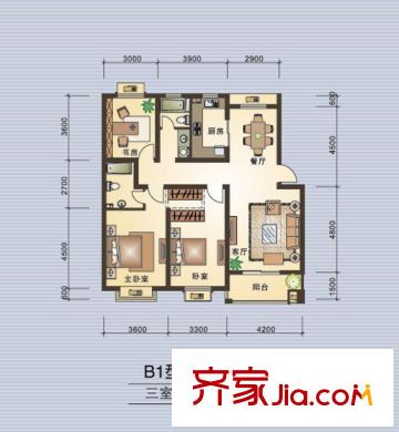 集美岸上藍(lán)山B1戶型圖 3室2廳2衛(wèi)1廚