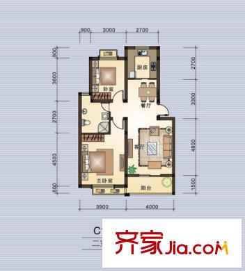集美岸上藍(lán)山C1戶型圖 2室2廳1衛(wèi)1廚