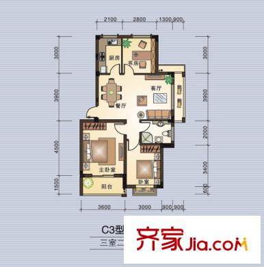 集美岸上藍(lán)山C3戶型圖 3室2廳1衛(wèi)1廚