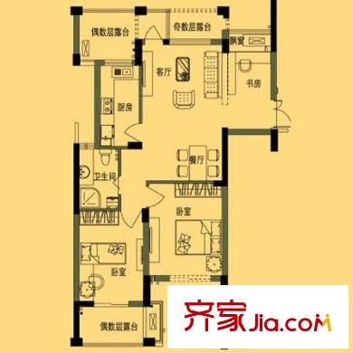 名城燕園戶型圖12號樓88方1戶型 3室2廳1衛(wèi)1廚