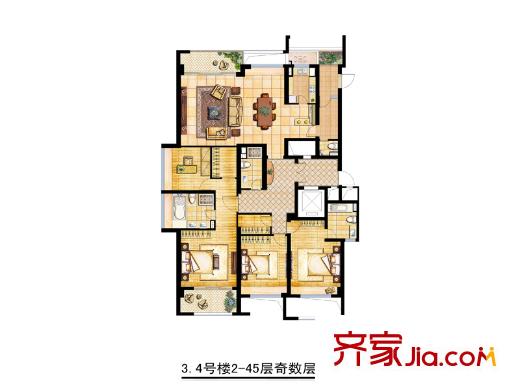 錢塘帝景戶型圖3號樓、4號樓奇數(shù)層戶型圖 4室2廳4衛(wèi)3廚