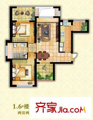 錢塘帝景戶型圖1、6號樓戶型圖 2室2廳1衛(wèi)1廚