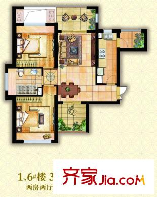 錢塘帝景戶型圖1、6號(hào)樓戶型圖 2室2廳1衛(wèi)1廚