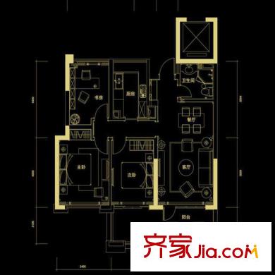 彩虹豪庭戶型圖一號(hào)樓中間套F戶型 3室2廳1衛(wèi)1廚