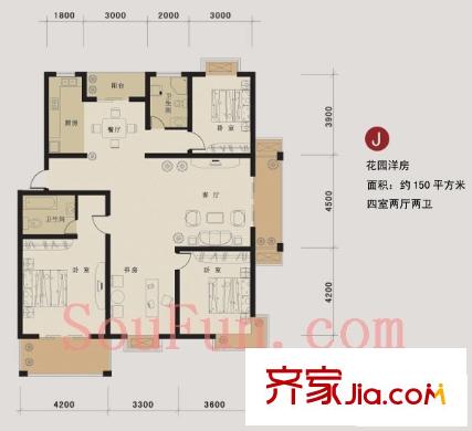 盛世嘉園戶(hù)型圖花園洋房J戶(hù)型 4室2廳2衛(wèi)1廚