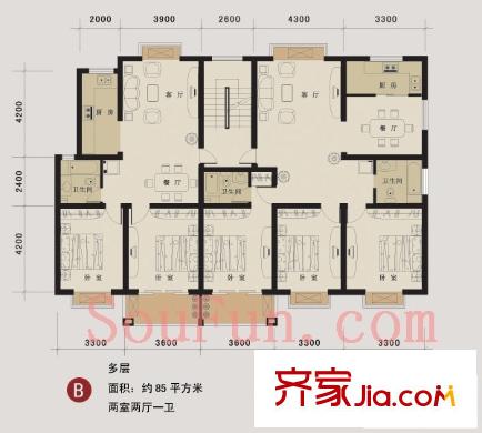 盛世嘉園戶(hù)型圖多層B戶(hù)型 2室2廳1衛(wèi)1廚