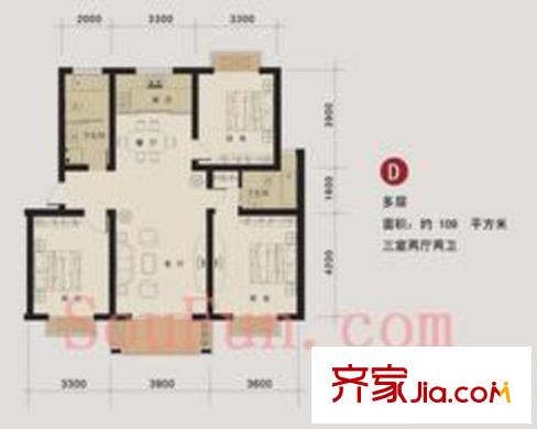 盛世嘉園戶(hù)型圖多層D戶(hù)型 3室2廳2衛(wèi)1廚