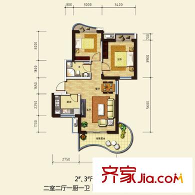 金隅觀瀾時(shí)代2、3號(hào)樓C戶型偶數(shù)層 2室2廳1衛(wèi)1廚