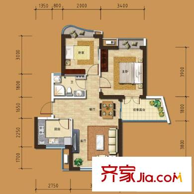 金隅觀瀾時代2、3號樓C戶型奇數(shù)層 2室2廳1衛(wèi)1廚