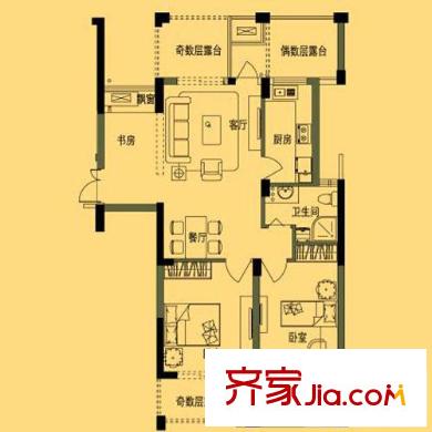 名城燕園戶型圖12號樓88方2戶型 3室2廳1衛(wèi)1廚