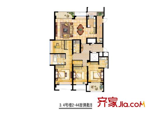 錢塘帝景戶型圖3號樓、4號樓偶數(shù)層戶型圖 4室2廳4衛(wèi)1廚