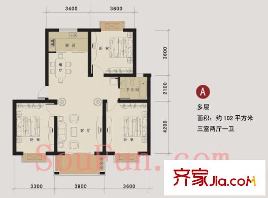 盛世嘉園戶(hù)型圖多層A戶(hù)型 3室2廳1衛(wèi)1廚