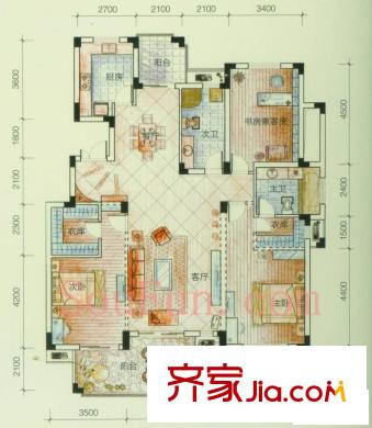 云溪香山戶型圖J戶型圖 3室2廳2衛(wèi)1廚