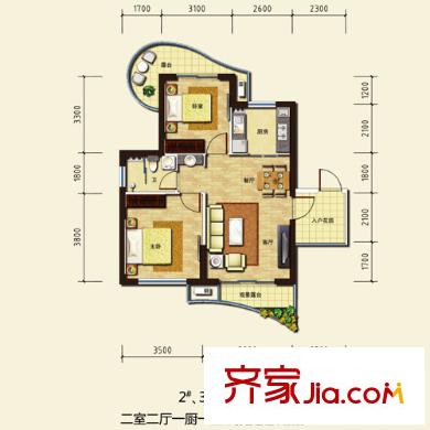 金隅觀瀾時代2、3號樓A戶型奇數(shù)層 2室2廳1衛(wèi)1廚