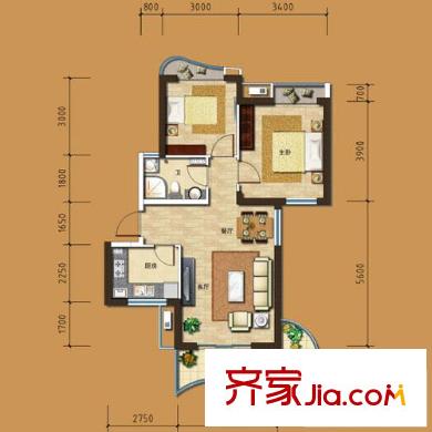 金隅觀瀾時代2、3號樓C戶型偶數(shù)層 2室2廳1衛(wèi)1廚