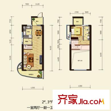 金隅觀瀾時(shí)代2、3號(hào)樓B戶型躍層 1室2廳1衛(wèi)1廚