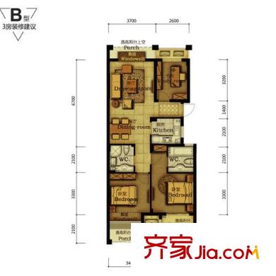 德信早城戶型圖B戶型圖 3室2廳2衛(wèi)1廚