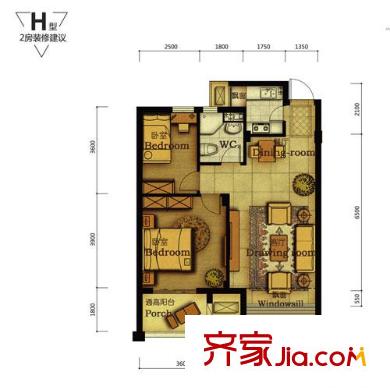 德信早城戶型圖H戶型圖 2室2廳1衛(wèi)1廚