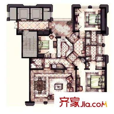 公元沐橋圖原公寓D1戶型圖 3室2廳3衛(wèi)1廚