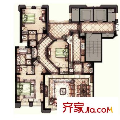 公元沐橋圖原公寓E1-3戶型圖 3室2廳3衛(wèi)1廚