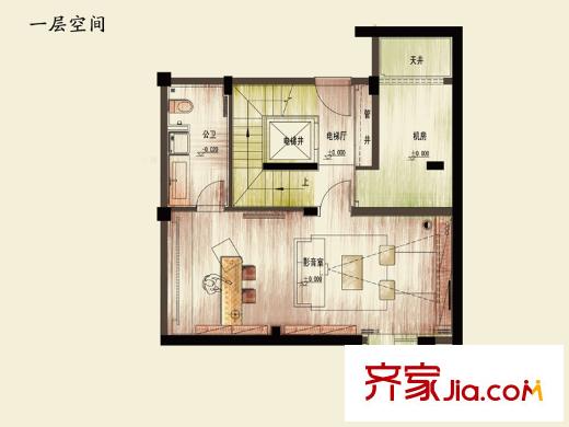 朗詩美麗洲雙拼別墅一層戶型圖 1室1衛(wèi)