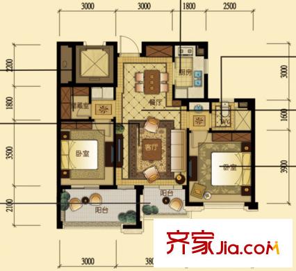 中順上尚庭88方F2戶型 2室2廳1衛(wèi)1廚