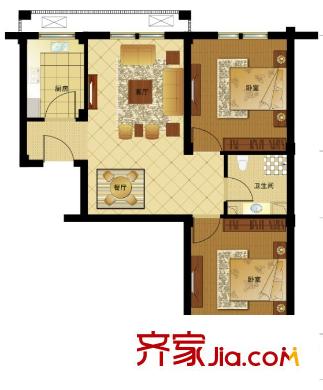 仁合銀庭2#中間套 75.44方 2室1廳1衛(wèi)1廚