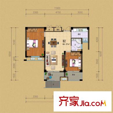 遠(yuǎn)邦嘉裕天城b2戶型 2室2廳1衛(wèi)1廚