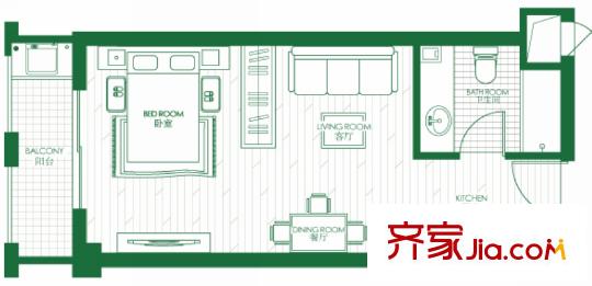 華盛達(dá)堂巢A1戶型 1室2廳1衛(wèi)1廚