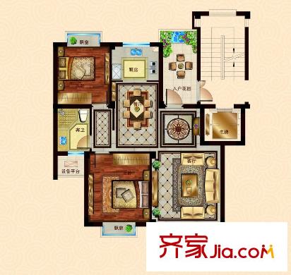 新義郡89.6平米戶型 2室2廳1衛(wèi)1廚