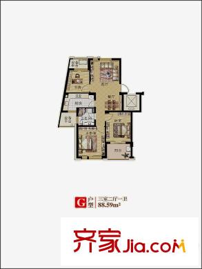 大美公寓g戶型 3室2廳1衛(wèi)1廚