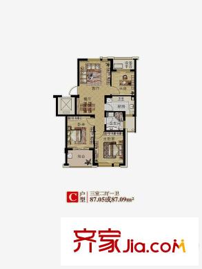 大美公寓c戶型 3室2廳1衛(wèi)1廚