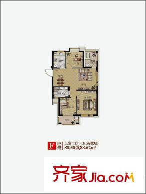 大美公寓f戶型 3室2廳1衛(wèi)1廚