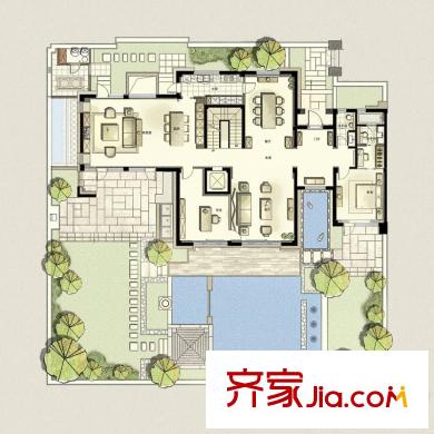 萬(wàn)科良渚文化村郡西別墅北入口別墅戶型一層 6室3廳3衛(wèi)2廚