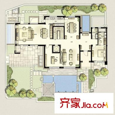 萬科良渚文化村郡西別墅南入口別墅戶型圖一層 6室3廳3衛(wèi)2廚