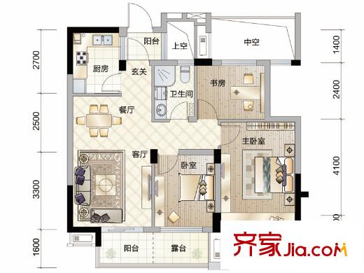 濱江萬家星城H1戶型約88方 3室2廳1衛(wèi)1廚