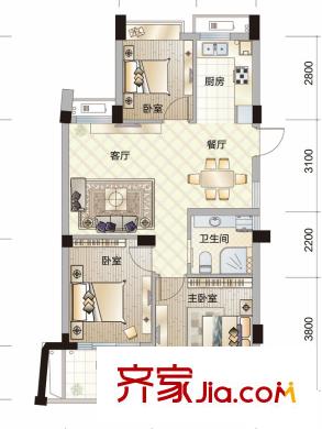 濱江萬家星城C戶型約89方 3室2廳1衛(wèi)1廚
