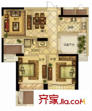瑞城溫莎郡E2戶型 2室2廳1衛(wèi)1廚