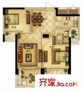 瑞城溫莎郡F戶型 2室2廳1衛(wèi)1廚